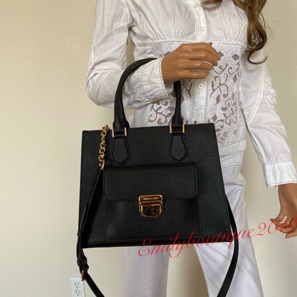 NWT Michael Kors Bridgette Medium Black Leather Tote Satchel Crossbody Bag